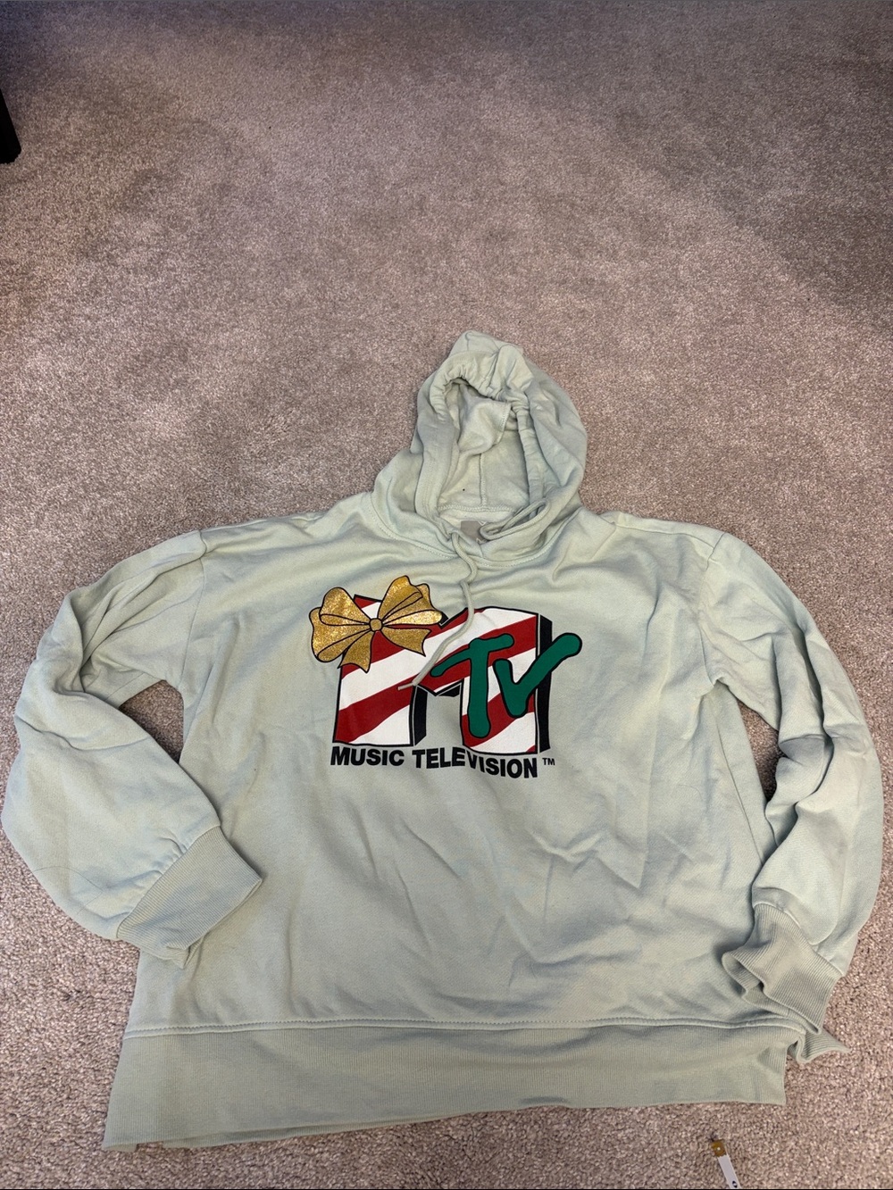 MTV Holiday Graphic Zip-Up Hoodie - Sage Green with Gold Bow
